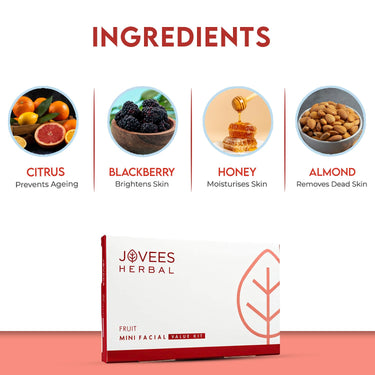 Jovees Herbal Mini Fruit Facial Kit For Hydrated Skin, Reduces Fine Lines, Tanning & Dullness With 6 Easy Step | Kit for Enhance Natural Glow 63g (Single Use)